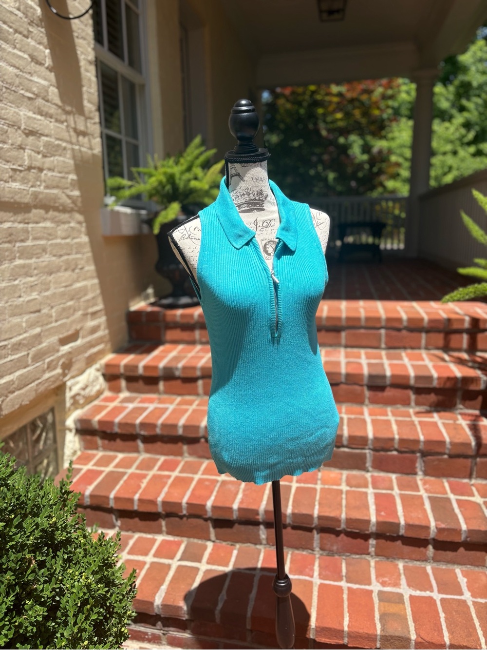 Boston Proper Sleeveless Ribbed Polo Tank Top - Turquoise - Picture 2 of 5